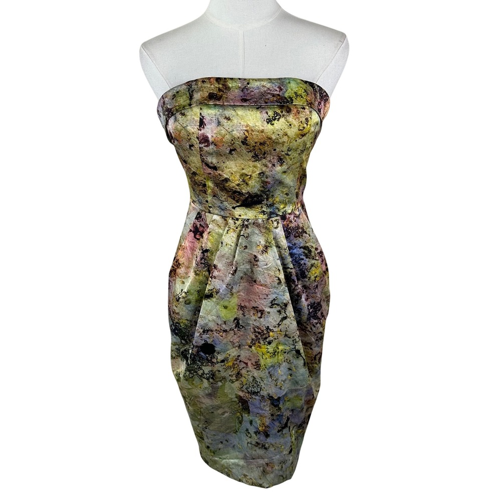 McGinn Knightsbridge Strapless Dress 0 Green Abstract Art Satin Cocktail Wedding